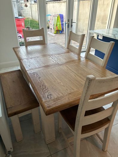 Solid Farmhouse Dining Table, 4 Chairs & Bench