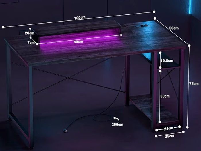 Gaming Desk with LED Lights & Power Outlet, Reversible Computer Desk with Moveable Monitor Stand, 100x75x50CM Office Desk with USB Charging Station for Home, Bedroom, Study,Gray Oak
