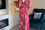 Stunning Red Floral Pleated Midi Dress by AX Paris Size: UK 16 / EU 44