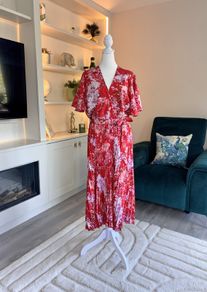 Stunning Red Floral Pleated Midi Dress by AX Paris Size: UK 16 / EU 44