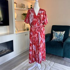 Stunning Red Floral Pleated Midi Dress by AX Paris Size: UK 16 / EU 44