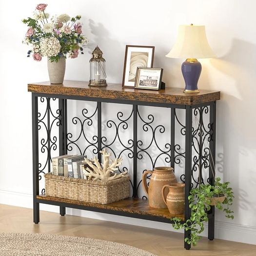 Console Table - 42.5" Industrial Hallway Table with 2-Tier Storage Shelf, Wood Behind Sofa Table Plant Stand Shelf TV Stand for Entryway, Living Room, Foyer, Rustic Brown