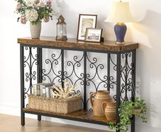 Console Table - 42.5" Industrial Hallway Table with 2-Tier Storage Shelf, Wood Behind Sofa Table Plant Stand Shelf TV Stand for Entryway, Living Room, Foyer, Rustic Brown