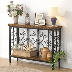 Console Table - 42.5" Industrial Hallway Table with 2-Tier Storage Shelf, Wood Behind Sofa Table Plant Stand Shelf TV Stand for Entryway, Living Room, Foyer, Rustic Brown