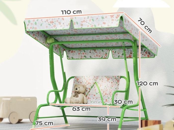 Kids Garden Swing Chair with Adjustable Canopy, Safety Belt, 2 Seater Hammock Swing Bench for Patio, Porch, Green