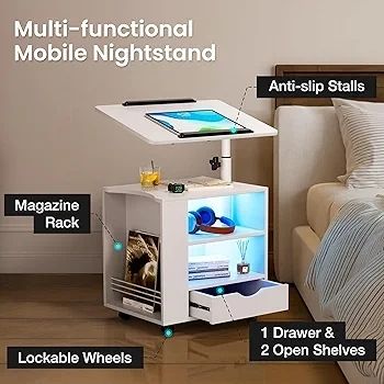 Bedside Table with LED Lights, Nightstand with Height Adjustable, Side Table with Drawer & Open Shelf, Bedside Cabinet Movable with Magazine Rack, for Bedroom, Living room, Office, White