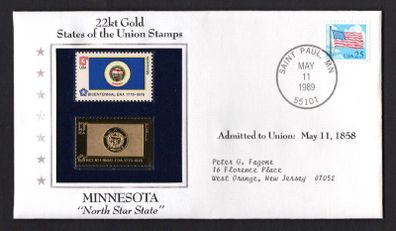1988 USA Minnesota "North Star State" 22kt Gold Replica of the 1976 United States Flag Stamps showing 25c US flag definitive tied Saint Paul, Minnesota (state capital) illustrated cover
