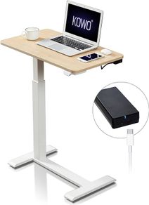 Electric Standing Desk on Wheels with Rechargeable Battery, Small Laptop Table for Bed & Sofa, 70 40cm, Overbed Table Height Adjustable Sit Stand Stand Up Desk, Home Office and Bedroom Desk, Oak