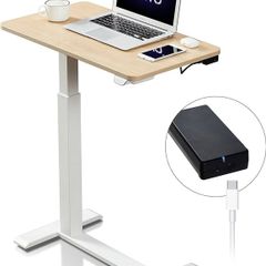 Electric Standing Desk on Wheels with Rechargeable Battery, Small Laptop Table for Bed & Sofa, 70 40cm, Overbed Table Height Adjustable Sit Stand Stand Up Desk, Home Office and Bedroom Desk, Oak