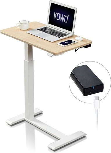 Electric Standing Desk on Wheels with Rechargeable Battery, Small Laptop Table for Bed & Sofa, 70 40cm, Overbed Table Height Adjustable Sit Stand Stand Up Desk, Home Office and Bedroom Desk, Oak