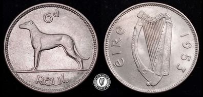 [#2384] - Ireland 1953 | Irish 6p | 6 Pence | Wolfhound | KM.13a