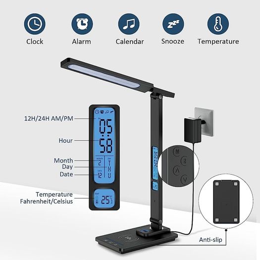 LED Desk Lamp with Wireless Charger, USB Charging Port, 5 Colors 5 Brightness Dimmable Eye-Caring Desk Lamp, Night Lights, Clock & Calendar & Temperature Table Lamp for Home Office MULTIPLE COLOURS AVAILABLE (FREE SHIPPING)