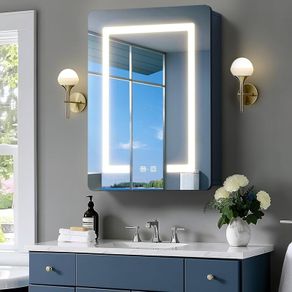 50 x 70 cm LED Lighted Bathroom Medicine Cabinet with Mirror, Defogger, Dimmer, 3 Color Light Makeup Mirror, Easy to Install, Wall Mounted Mirror Medicine Cabinet