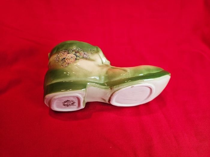 Staffordshire Style Porcelain Boot Vase - Green with Roses ,  Decor or Cactus Planter