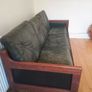 mid century teak and black leather sofa Image 2