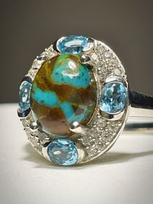 Sterling silver 925 ring with Sierra Nevada Turquoise, Swiss Blue Topaz and Natural Zircon (Sz:S)