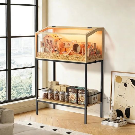 BingoPaw Wood Hamster Cage Chewproof Large Hamster Cages with Storage Shelf, Glass Panels, Ventilation Holes, Built-in LED Light, for Small Pets, Guinea Pig (80 / 40 / 40cm)