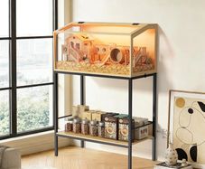 BingoPaw Wood Hamster Cage Chewproof Large Hamster Cages with Storage Shelf, Glass Panels, Ventilation Holes, Built-in LED Light, for Small Pets, Guinea Pig (80 / 40 / 40cm)