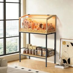 BingoPaw Wood Hamster Cage Chewproof Large Hamster Cages with Storage Shelf, Glass Panels, Ventilation Holes, Built-in LED Light, for Small Pets, Guinea Pig (80 / 40 / 40cm)