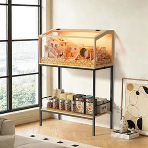 BingoPaw Wood Hamster Cage Chewproof Large Hamster Cages with Storage Shelf, Glass Panels, Ventilation Holes, Built-in LED Light, for Small Pets, Guinea Pig (80 / 40 / 40cm)