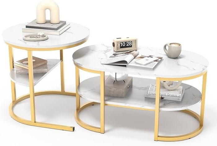 Set of 2 Elegant Coffee Tables with Practical Storage, Marble Design and Metal Frame, White and Gold Living Room Tables Gold