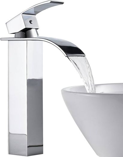 Waterfall Tall Bathroom Basin Mixer Taps with Single Lever, Square Mono Basin Mixer Tap Sink, Chrome