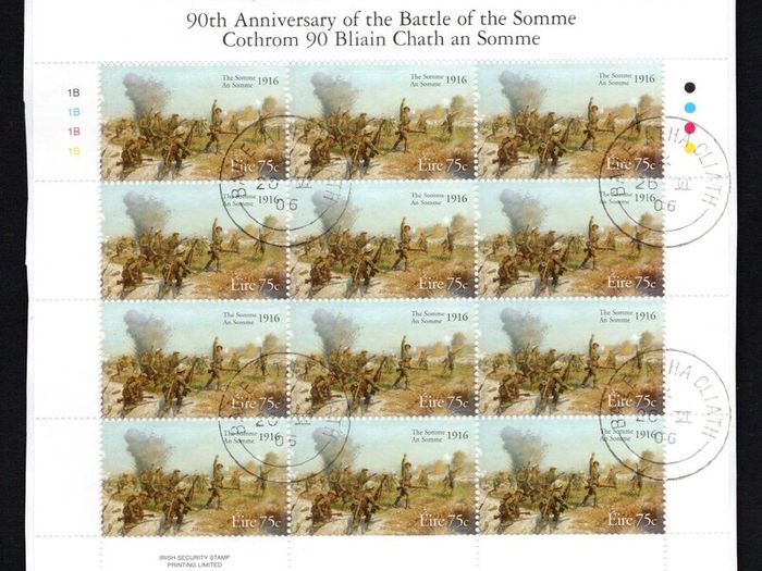 2006 Ireland 90th Anniversary of the Battle of the Somme Commemorative Stamp Sheetlet Plate 1B1B1B1B Fine CDS Used with Dublin cancel of 26th June 2006 (First day of issued) on envelope extract.