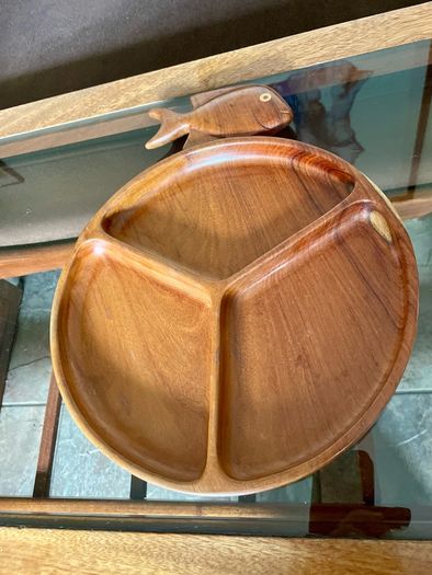 Vintage Teak Mid Century Divided Serving Platter Carved Handle Retro Stylised Fish