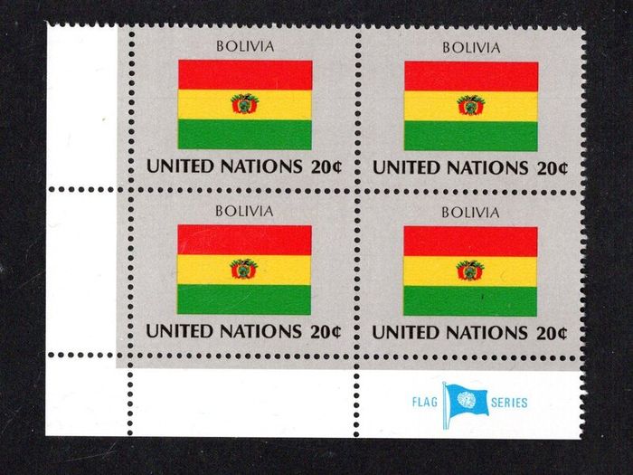 1981 United Nations New York Bolivia National Flag (part of flag stamp series) Block of 4 Mint Never Hinged (MNH)