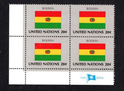 1981 United Nations New York Bolivia National Flag (part of flag stamp series) Block of 4 Mint Never Hinged (MNH)