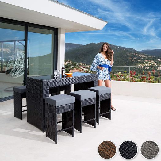 POLY Rattan Aluminum Bar Set with 6 Bar Stools and 2 Sets Plus Protective Case Cover/Stainless Steel Screws  Various Colours