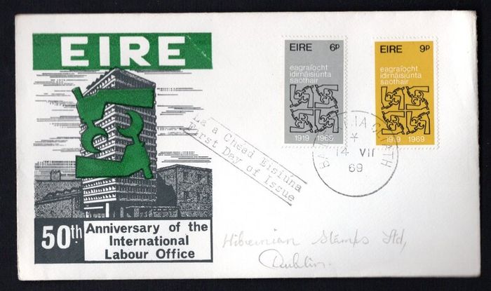 1969 Ireland 50th Anniversary of The International Labour Organisation Commemorative Stamps Illustrated First Day Cover (FDC)