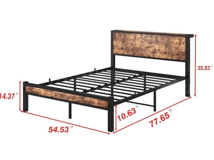 Double Bed Frame with Wooden Storage Shelf Headboard,No Box Spring Needed Metal Platform Bed Frame Double ,Noise Free,Reinforced Strong Support Leg,Textured Black&Brown Oak