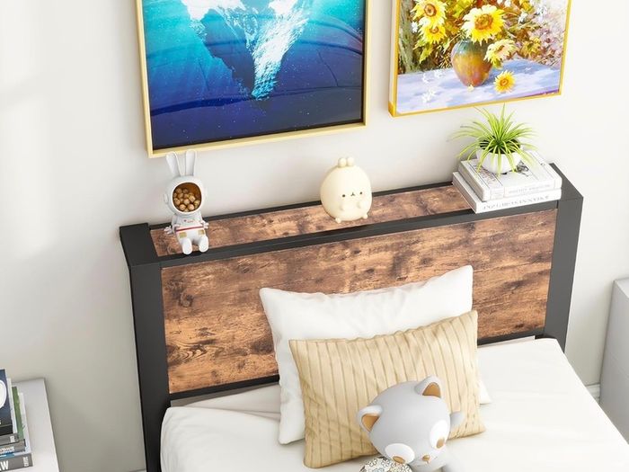 Single Bed Frame with Wood Storage Headboard, 90 x190 cm, Brown 3ft Metal Bed Frame Single for Adults Kids, Mattress Base, Underbed Storage, No Box Spring Needed