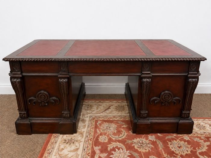 Large Fine Made Solid Wood Executive Partners Desk Genuine Leather Top Handcrafted