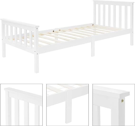Wooden slatted  Bed  Pine Wood, Solid Wood Bed Frame with Slatted Frame and Feet, Single Bed with Headboard and Footboard, Bed for Children and Adults Solid Wood Bed Children's Bed
