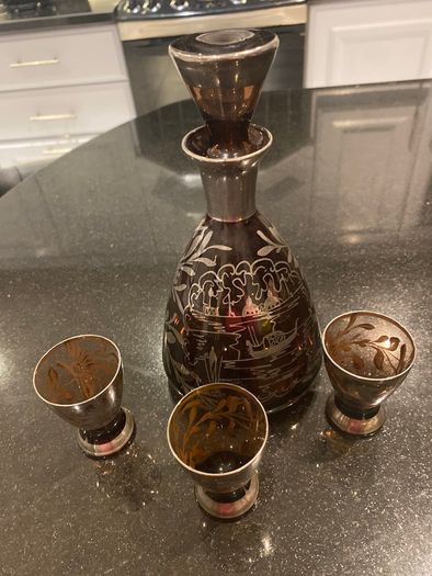 Amethyst Silver Decorated Decanter VINTAGE    With Three Matching Glasses