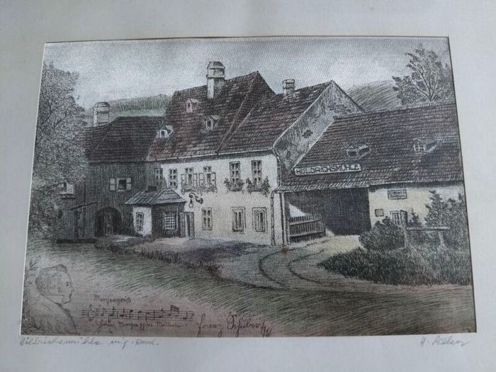 Vintage Hans Weber Signed Etching on Silk - Franz Schubert Landmark