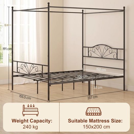 Canopy Bed Frame King Size, Metal Platform Bed Frame with Headboard and Footboard, Underbed Storage