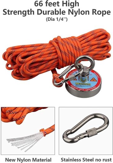 Fishing Magnet N52 Neodymium Magnets 1Pull Force with 10m Rope for Fishing and Magnetic Recovery Salvage Tools Under Water