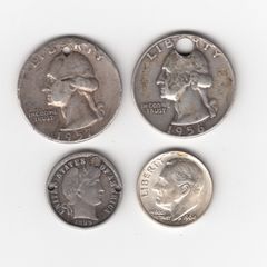 USA  2 x Quarters, 1899 Barber, and 1964 dime 90% silver coins  Note : some holed and plugged ( no. 276)