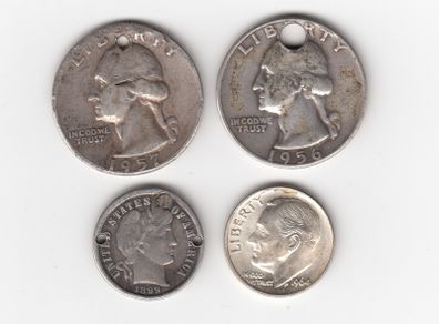 USA  2 x Quarters, 1899 Barber, and 1964 dime 90% silver coins  Note : some holed and plugged ( no. 276)