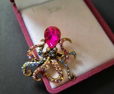 Rhinestone & Crystal Gold Tone Octopus Brooch Pin Badge Steampunk Style Jewelry
