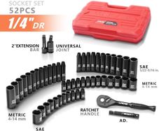 1/4" Drive Impact Socket Set, 52Pcs Ratchet Wrench Set