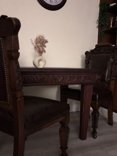 French Renaissance Revival Carved Oak Dining Set w/ 4 Leather Chairs