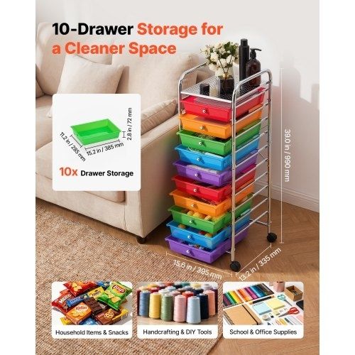 Rolling Cart with Drawers, 10 Drawer Storage Organizer, Mobile Utility Cart with Steel Frame, Universal Casters & 2 Brakes, Great for Office, Classroom, Craft Tools, Garage, Studio, Rainbow