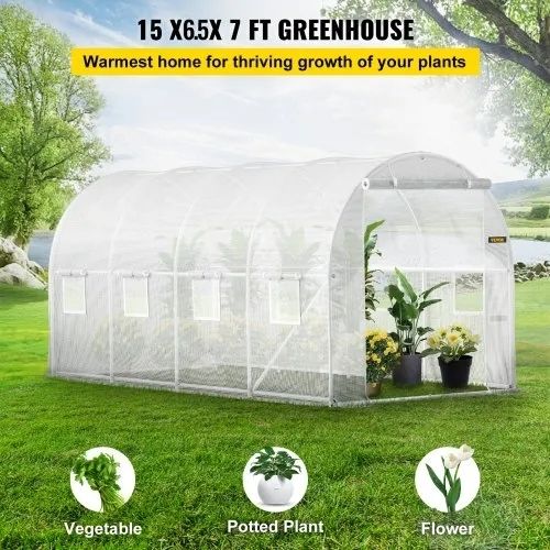 Walk-in Tunnel Greenhouse, 457.2 x 198.12 x 213.4 cm Portable Plant Hot House w/ Galvanized Steel Hoops, 1 Top Beam, 2 x Diagonal Poles, 2 Zippered Doors & 8 Roll-up Windows, White