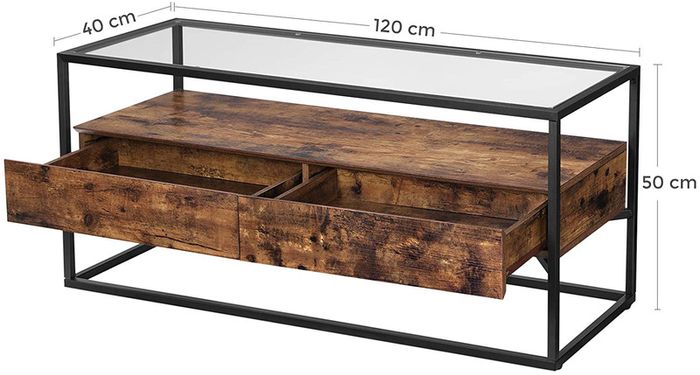 TV Stand for TVs up to 55 inches, TV Shelf, TV Stand, Lowboard, Glass Table, 2 Drawers, Living Room, Bedroom, Tempered Glass, Industrial Design, Vintage Brown/Black