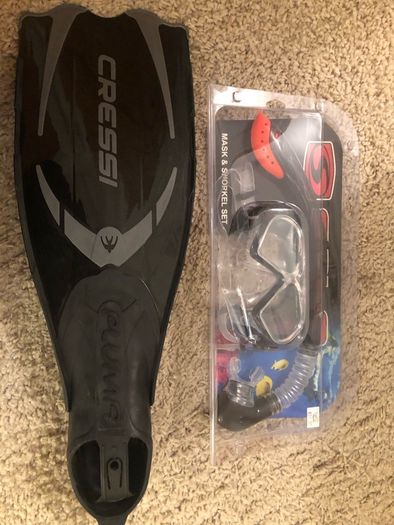 Flippers, snorkel and mask