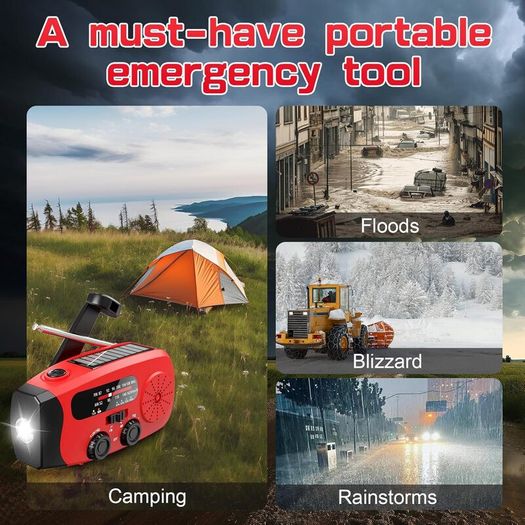 Wind Up Solar Radio, Emergency Radio, Portable Hand Crank Radio, AM/FM Radio with LED Torch, 7400mWh Rechargeable Power Bank, SOS Alarm, USB Phone Charger, Emergency Use for Camping Hiking